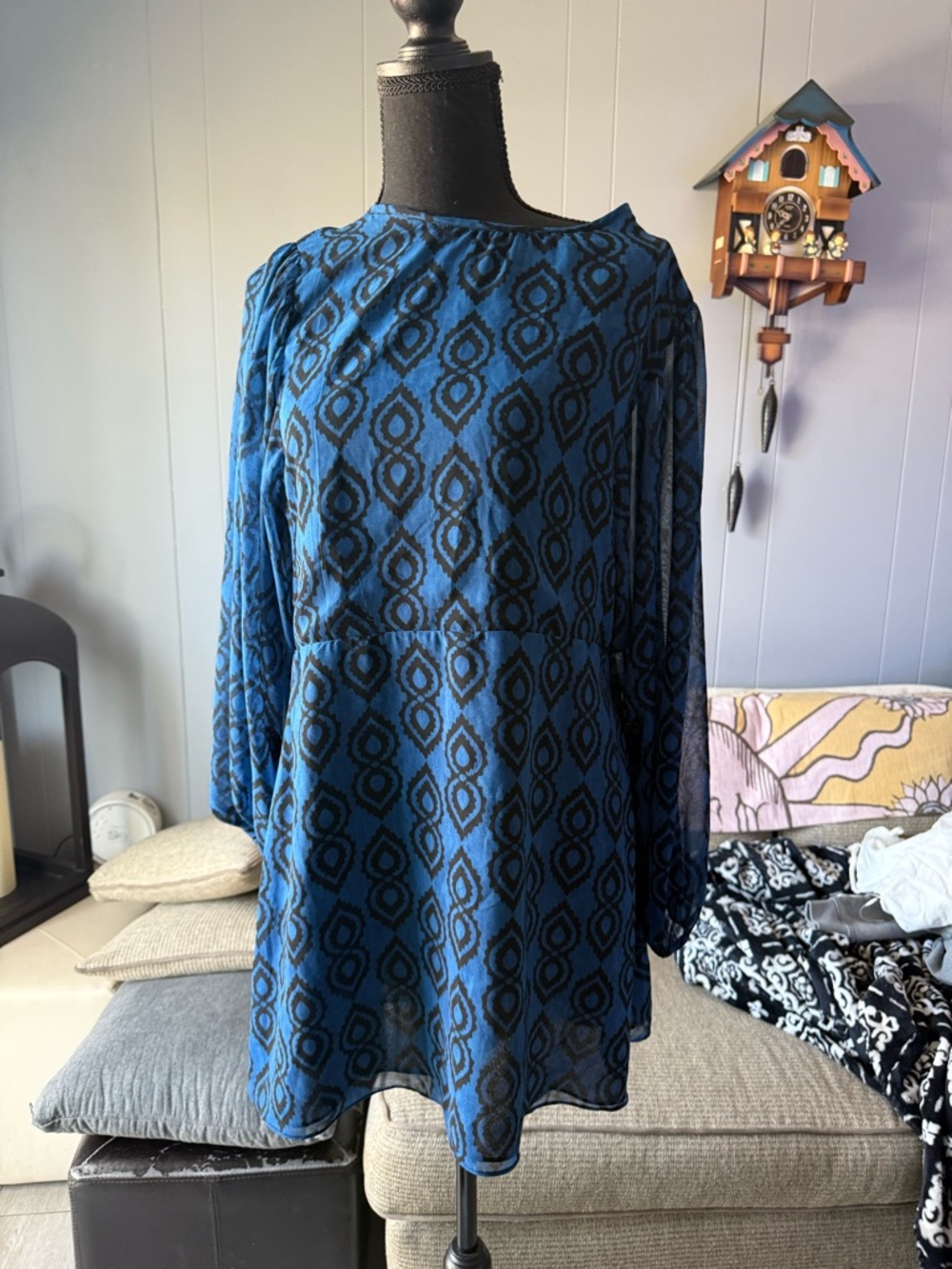 Blue Geometric Long-Sleeve Women's Dress